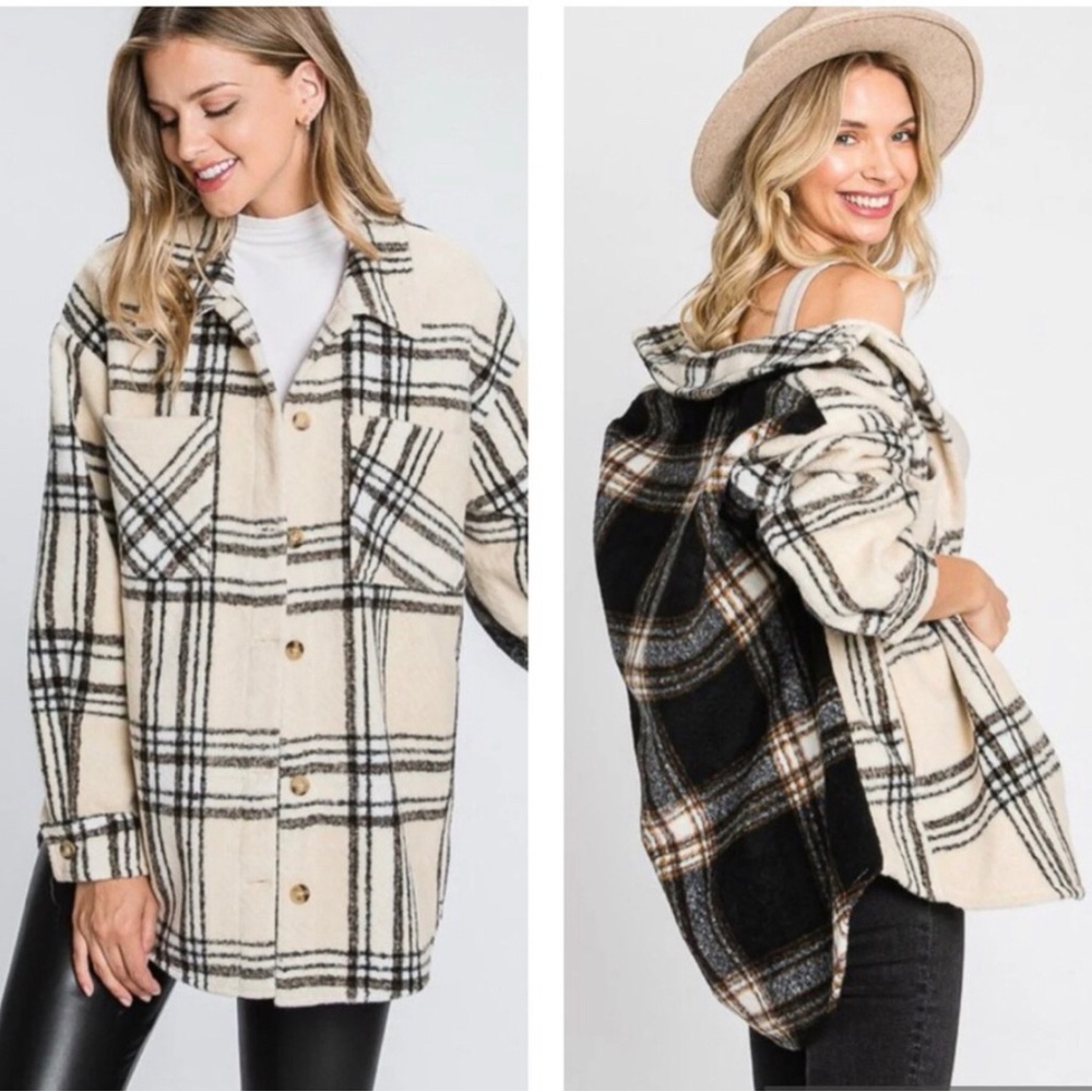 Elleborn Contrast Plaid Shacket Cream Brown Size Large